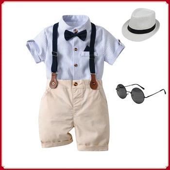 Комплект официальной детской одежды для 1-го дня рождения, свадьбы, летней рубашки, галстука-бабочки для мальчика, детских джентльменских штанов на подтяжках.