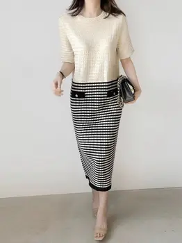 Корейское модное Летнее трикотажное платье Женское Короткое платье в стиле пэчворк контрастных цветов для женщин 2023 Vestidos French Robe Femme