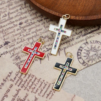 Красочные эмалевые подвески в виде креста, Оптовые ювелирные изделия, аксессуары для поделок, Позолоченные христианские хрустальные кресты для подвесок-ожерелий