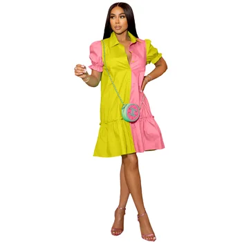 Летнее женское повседневное цветное поло с воротником-стойкой, однобортное платье трапециевидной формы на пуговицах, платье-рубашка, короткая юбка