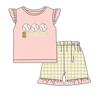 Летняя Детская Новая одежда, бейсбольная рубашка для маленьких девочек, розовые хлопковые шорты с рюшами, Оптовая продажа одежды, Детский бутик одежды