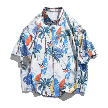 Летняя мужская рубашка с гавайским кубинским воротником и короткими рукавами в цветочек, свободного кроя, тонкая пляжная повседневная рубашка в гонконгском стиле Летняя мужская рубашка с гавайским кубинским воротником и короткими рукавами в цветочек, свободного кроя, тонкая пляжная повседневная рубашка в гонконгском стиле 0