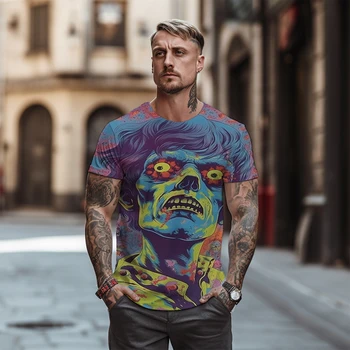 Летняя мужская уличная футболка в стиле хип-хоп с круглым вырезом, яркая футболка с 3D принтом черепа, Новый модный повседневный мужской топ оверсайз