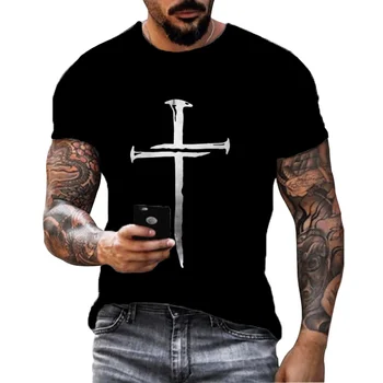 Летняя мужская футболка с 3D принтом Креста, мужская футболка с коротким рукавом, Harajuku Cross Top, футболка большого размера, Мужская одежда