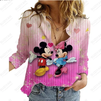 Летняя новая женская рубашка Disney с длинным рукавом и 3D принтом Minnie Mickey Lion King, женская шифоновая рубашка свободного и удобного стиля