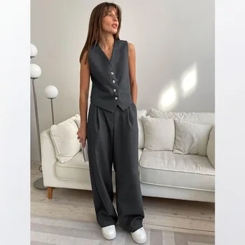 Летняя новинка Унисекс, серый жилет без рукавов в минималистичном стиле, модный Универсальный женский комплект из двух предметов для поездок на работу, Vestidos