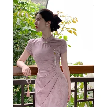 Модифицированное фиолетовое жаккардовое традиционное китайское платье Cheongsam 2023 Элегантное милое платье Женская одежда