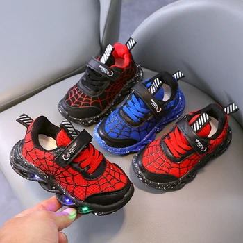 Модная повседневная обувь для девочек и мальчиков, светодиодные детские кроссовки с Мультяшным Человеком-пауком, спортивные кроссовки для малышей EU21-35