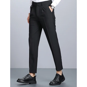 Мужские черные брюки для костюма, итальянские облегающие деловые прямые брюки, простые повседневные брюки с драпировкой против морщин Мужские черные брюки для костюма, итальянские облегающие деловые прямые брюки, простые повседневные брюки с драпировкой против морщин 1