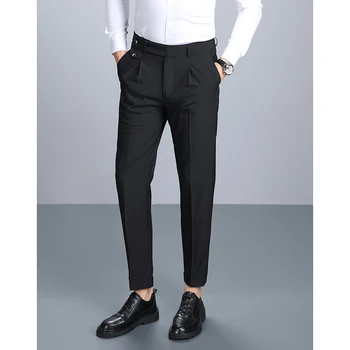 Мужские черные брюки для костюма, итальянские облегающие деловые прямые брюки, простые повседневные брюки с драпировкой против морщин Мужские черные брюки для костюма, итальянские облегающие деловые прямые брюки, простые повседневные брюки с драпировкой против морщин 3