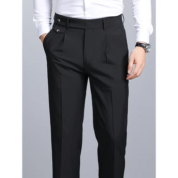 Мужские черные брюки для костюма, итальянские облегающие деловые прямые брюки, простые повседневные брюки с драпировкой против морщин Мужские черные брюки для костюма, итальянские облегающие деловые прямые брюки, простые повседневные брюки с драпировкой против морщин 4