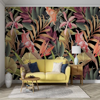 Настенная роспись Milofi в стиле ретро с тропическими растениями, листьями, цветами и птицами на заднем плане для украшения дома