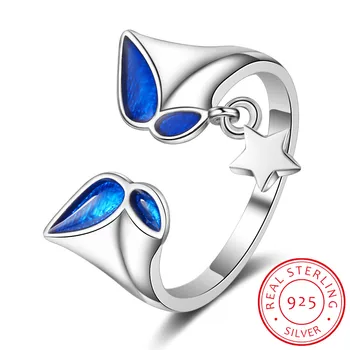 Настоящее серебро 925 Пробы с голубой эмалью, Открывающее кольцо с насекомыми и бабочкой для женщин, ювелирные украшения для свадебной вечеринки DA228