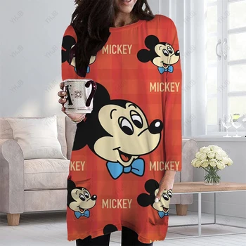 Новая базовая футболка с принтом Disney Minnie Mickey Mouse, осенние женские футболки с круглым вырезом, повседневная футболка с карманами