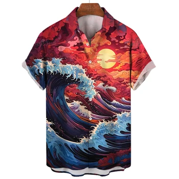 Новая Гавайская рубашка для мужчин с 3D волнистым принтом, топы с короткими рукавами, Летняя модная повседневная мужская одежда, Свободные мужские футболки оверсайз