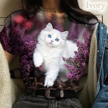 Новая женская футболка с 3D котом, топы с круглым вырезом и 3D животным принтом кота