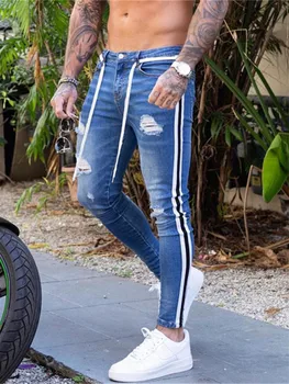 Новые мужские узкие джинсы в байкерском стиле, потертый деним, рваные брюки-карандаш в полоску по бокам, хип-хоп, облегающие брюки, уличная одежда, джинсы