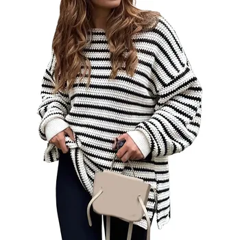 Осенний винтажный вязаный пуловер в контрастную полоску с вырезами, дизайн Sense, Корейское издание, женские повседневные рубашки, блузка, свитер