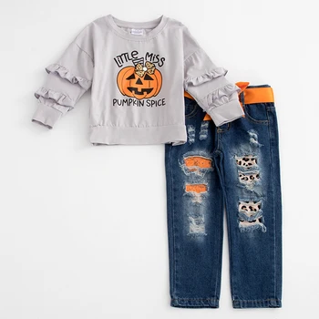 Осень/Хэллоуин, Расклешенные штаны с оборками для маленьких девочек, BOO Pumpkin Ghost, Бутик Нарядов с цветочным Рисунком, Брюки, Джинсовый Комплект, Детская Одежда