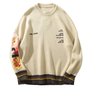 Пуловер в стиле пэчворк с рукавами Ван Гога, вязаный свитер 2023, Мужская трикотажная одежда с вышивкой в стиле хип-хоп, свитера с круглым вырезом, уличная одежда, топы
