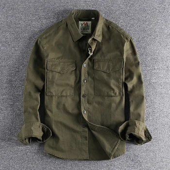 Ретро Мужская рубашка-карго, куртка, парусиновая хлопковая военная форма цвета хаки, Легкие повседневные рабочие рубашки в стиле сафари, Мужская верхняя одежда