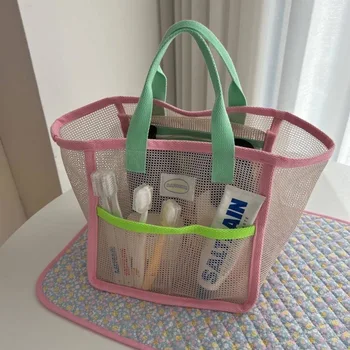 Розово-зеленая пляжная сумка, сумки для покупок, Сетчатая переносная сумка для хранения детских игрушек, Органайзер для хранения туалетных принадлежностей для плавания на открытом воздухе.