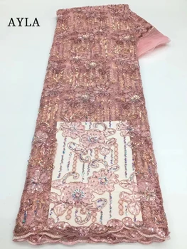 Розовое кружево Африканский шнур Кружевная ткань 2023 Ткань с блестками Нигерийская роскошная свадебная ткань Материал для свадебных вечерних платьев 5 ярдов