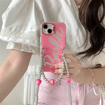 Розовый английский чехол для мобильного телефона для девочек Barbie Ins, подходящий для Iphone14Promax, модный женский чехол для мобильного телефона, женская диагональная цепочка
