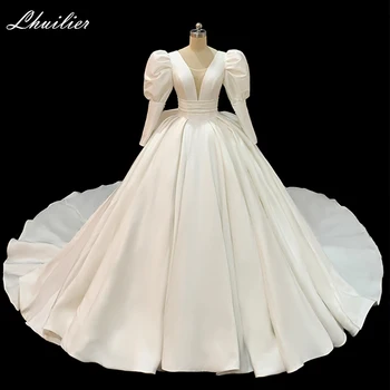 Роскошное элегантное бальное платье с V-образным вырезом, Атласные свадебные платья Длиной до пола с пышными рукавами, свадебное платье со шлейфом