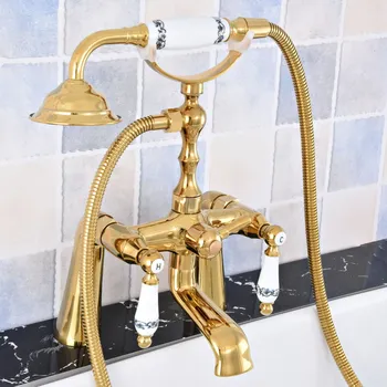 Роскошный Латунный смеситель для ванной комнаты золотого цвета, установленный на бортике, Двойные ручки, ручной душ в телефонном стиле, наполнитель для ванны на когтистых лапах atf779