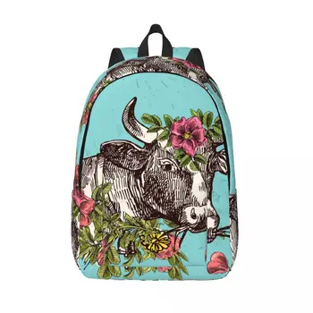 Рюкзак с изображением головы коровы с цветами, мужской рюкзак для школьников, женский рюкзак для ноутбука большой емкости