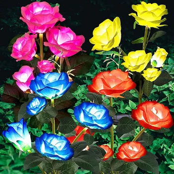 Светодиодные солнечные розовые фонари с 5 головками, имитирующие цветочные огни, лампа для газона в виде цветка Розы, ночник, пейзаж, сад, украшение дома, цветы