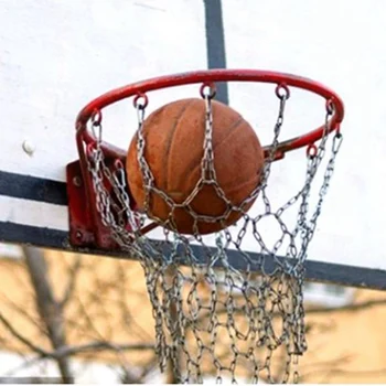 Спортивная баскетбольная сетка с железной цепью на открытом воздухе, 12 петель, стандартная сетка для замены баскетбольных ворот для тяжелых условий эксплуатации, серебристый