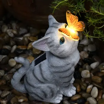 Статуя Милого кота в саду с солнечными огнями, Статуэтка Котенка Бабочки из смолы, Орнамент, Украшения для сада на открытом воздухе, Подарки