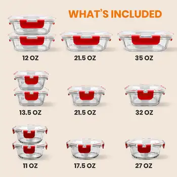Стеклянные Штабелируемые Контейнеры для приготовления еды из Стекла Высшего качества, Состоящие из 24 частей, (Красный) Коробка-Органайзер Для хранения Стеклянные Штабелируемые Контейнеры для приготовления еды из Стекла Высшего качества, Состоящие из 24 частей, (Красный) Коробка-Органайзер Для хранения 1