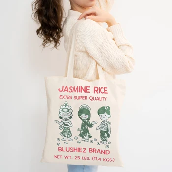 сумки для покупок с рисунком жасминового риса, холщовая сумка-тоут, сумки через плечо, экологичная Милая школьная сумка многоразового использования