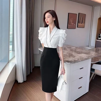 Темпераментное Высококачественное Женское платье, Элегантное Весенне-Летнее Новое Профессиональное Облегающее Платье С V-образным вырезом, Белое Черное Лоскутное Корейское