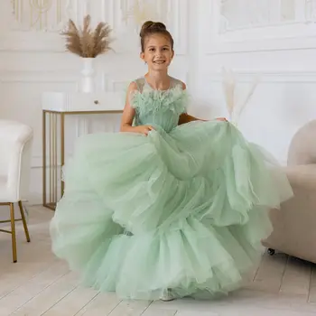 Тюлевые платья для девочек-цветочниц в стиле бохо для свадьбы, мятно-зеленые платья для малышей, нарядное платье для фотосессии, длинное платье для первого причастия