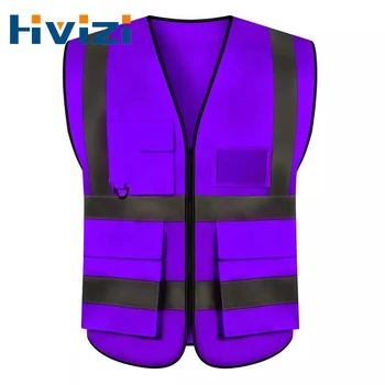 Фиолетовый жилет безопасности с застежкой-молнией и карманами, жилет для строительных работ для мужчин, отражатель Фиолетовый жилет безопасности с застежкой-молнией и карманами, жилет для строительных работ для мужчин, отражатель 0