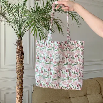 Холщовые сумки с цветами тюльпана для женщин, дизайнерские роскошные сумки, дорожная сумка большой емкости, сумка-тоут для студентов