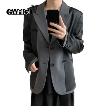 Черно-серый мужской блейзер высокого класса сращивания, Японская Корейская уличная мода, Винтажный Свободный повседневный блейзер, пиджак, мужское пальто