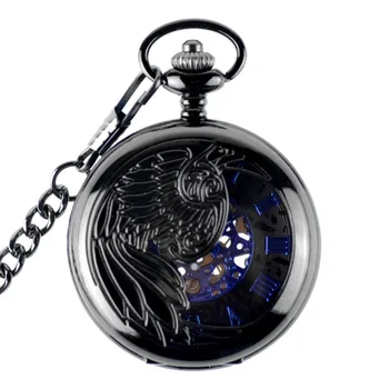 Черный корпус в стиле Феникс с синими римскими цифрами Мужские карманные механические часы с ручным заводом и цепочкой-брелоком Приятный Рождественский подарок