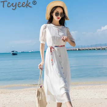Шелковые 100% летние платья для женщин 2023, Длинное Белое пляжное повседневное Элегантное платье, Женская Корейская мода, Vestidos Gxy8