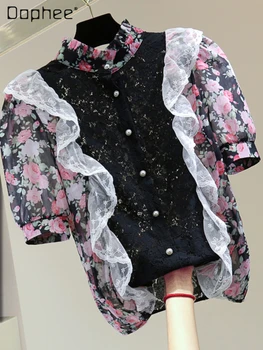 Элегантная рубашка с контрастным принтом и цветным рисунком, лето 2023, воротник-стойка, прямой короткий рукав, шифоновая блузка с оборками в стиле пэчворк