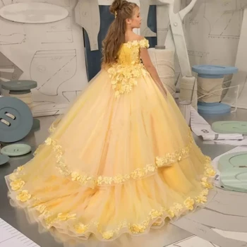 Элегантные желтые платья для девочек в цветочек, кружевной тюль, аппликация из бисера, нарядное платье для первого причастия для девочек, детские платья для выпускного вечера
