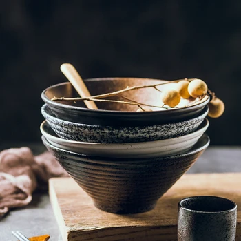 Японский креативный набор посуды, коммерческая керамическая миска в виде бамбуковой шляпы, бытовой большой рамен, рис, лапша, миска для супа Японский креативный набор посуды, коммерческая керамическая миска в виде бамбуковой шляпы, бытовой большой рамен, рис, лапша, миска для супа 1